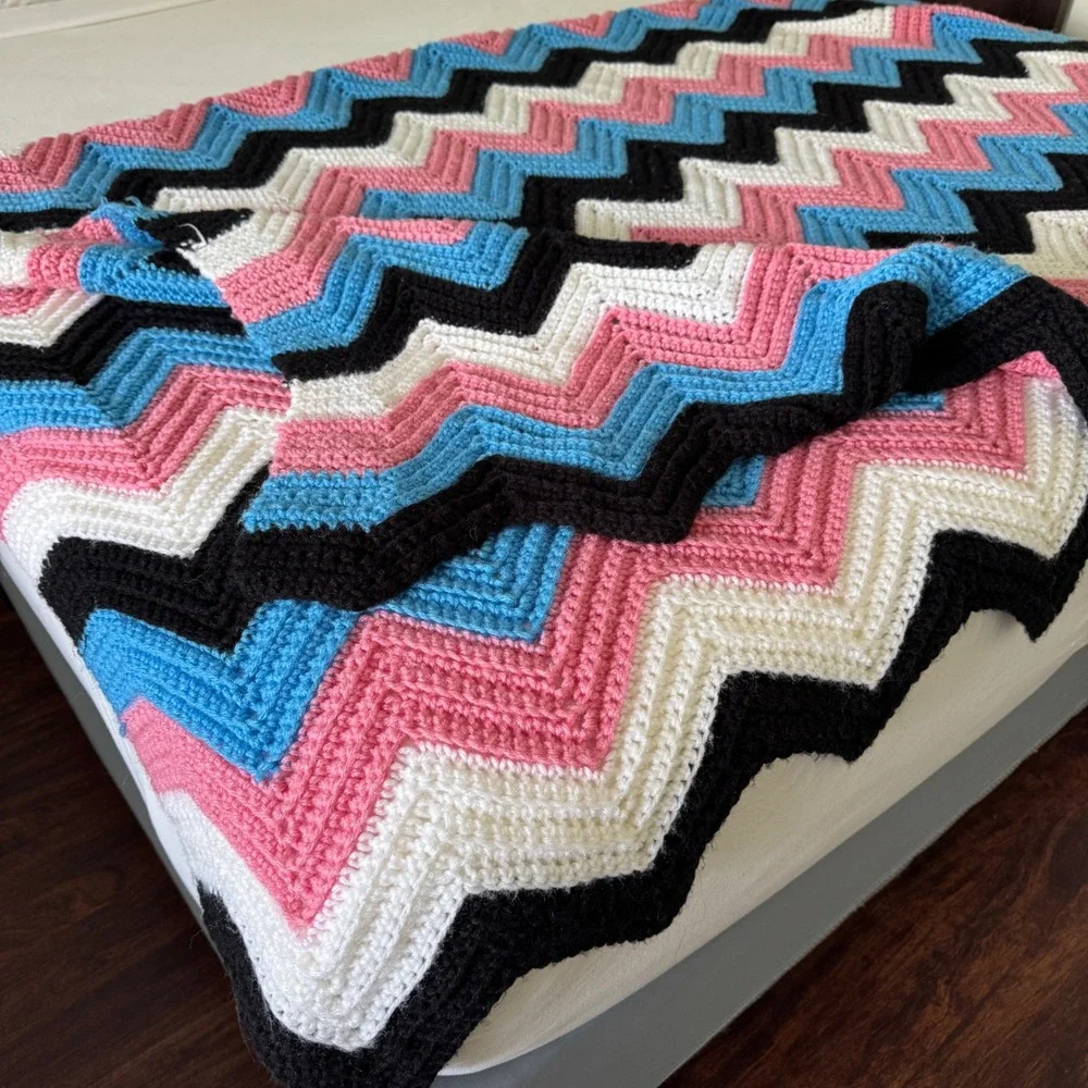 Handmade Crochet Afghan Blanket Chevron Ripple Pink Blue Black 80x132 Throw XL